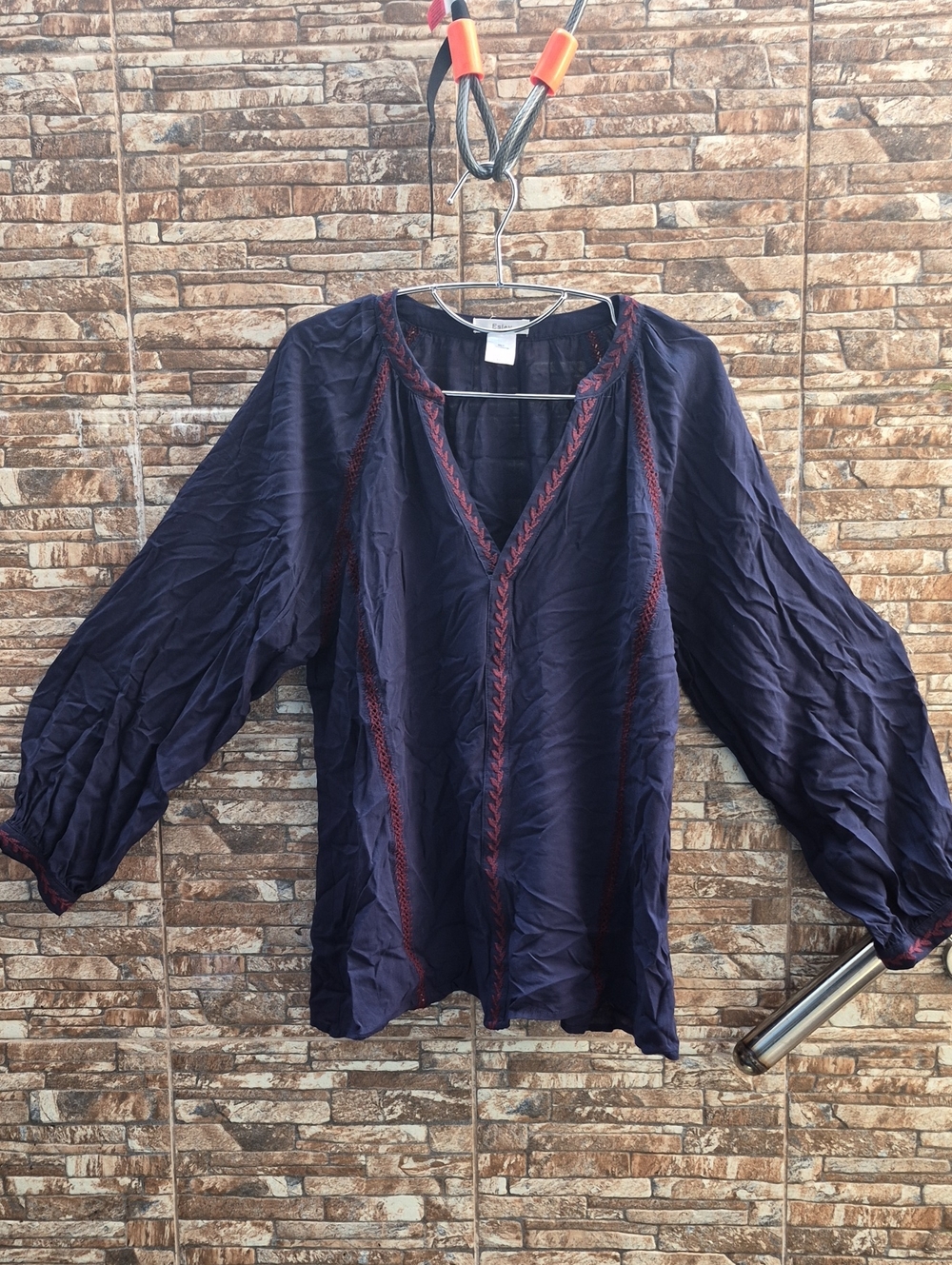 Esley Collection Rayon 100% Navy Tunic with Red Stitching